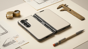 A premium foldable phone case opened to show its hinge, screen bezels and camera cutout beside design inspection tools — what to look for in an iPhone Fold case