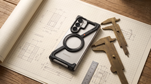 FoldifyCase Halo M1 metal bumper case on cream blueprint engineering paper with antique brass calipers and a steel ruler — measurement study hero for the Galaxy Z Wide Fold vs Z Fold 8 Wide same-phone question