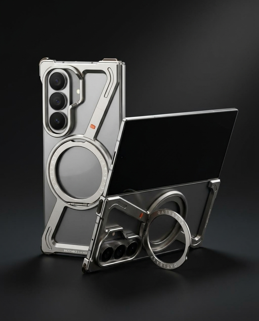 Luxury tech product photography of a Samsung Galaxy Z Fold premium metal case on a deep dark charcoal background — the editorial mood for the question of whether metal cases are good for foldables