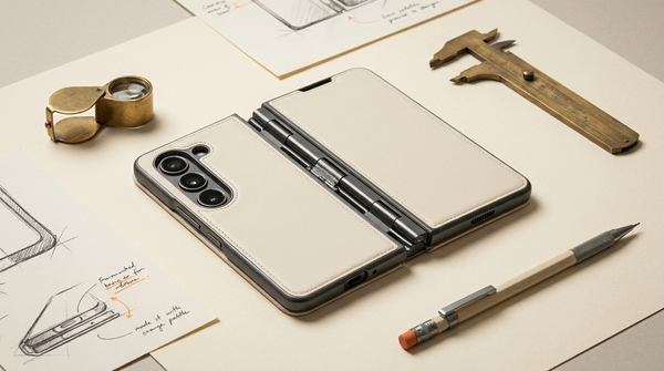 A premium foldable phone case opened to show its hinge, screen bezels and camera cutout beside design inspection tools — what to look for in an iPhone Fold case
