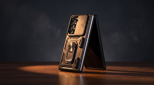 FoldifyCase Sentinel H1 hinge cover case standing in tent pose on a dark walnut desk under warm spotlight — editorial hero for the Galaxy Z Fold 7 to Z TriFold case designer’s diff