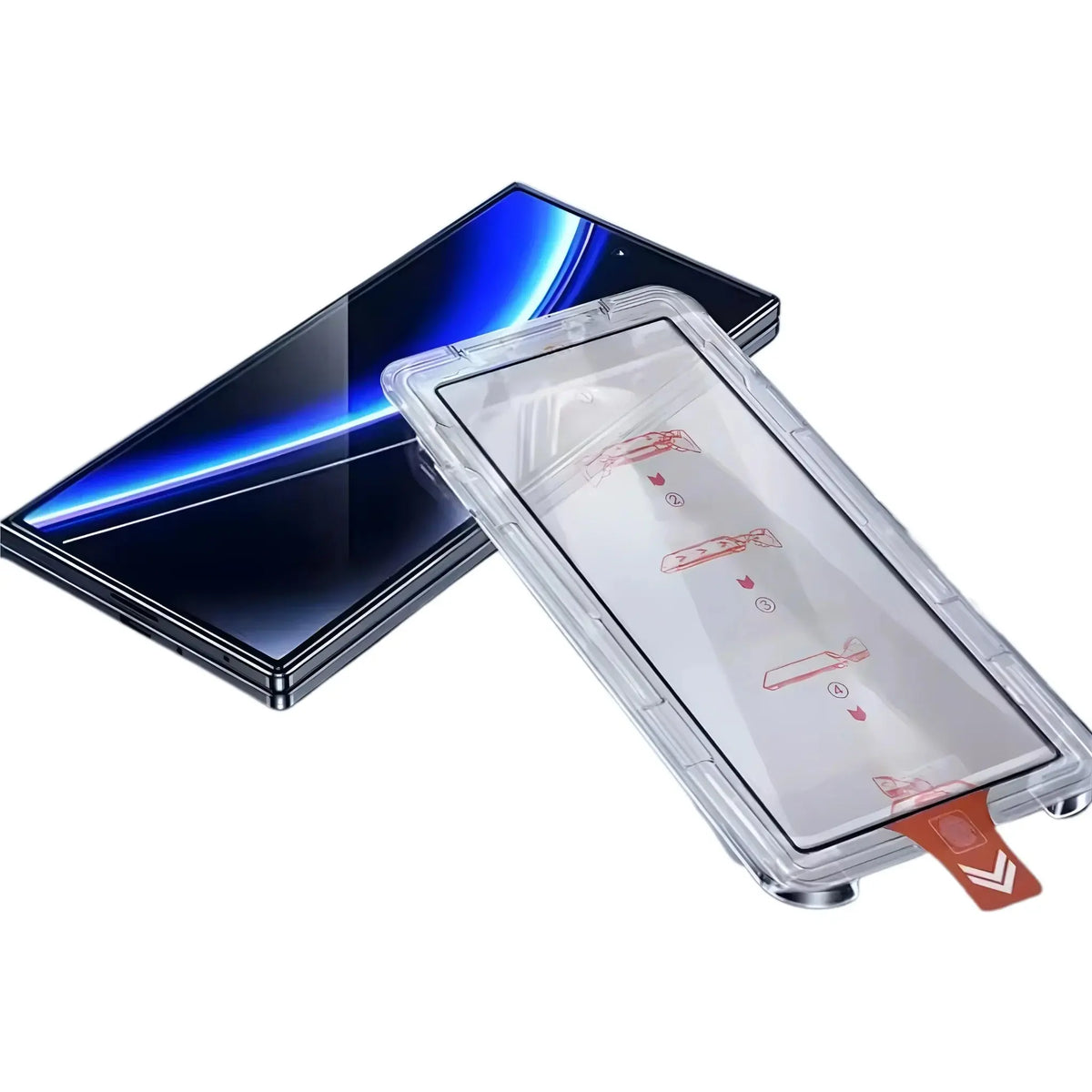 Folded smartphone with a blue curved screen next to a clear phone case with instructions on white background