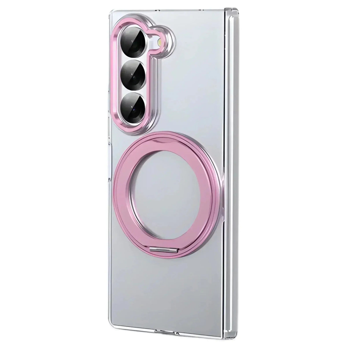 Clear foldable phone case with pink camera ring and circular grip for Samsung Z Fold
