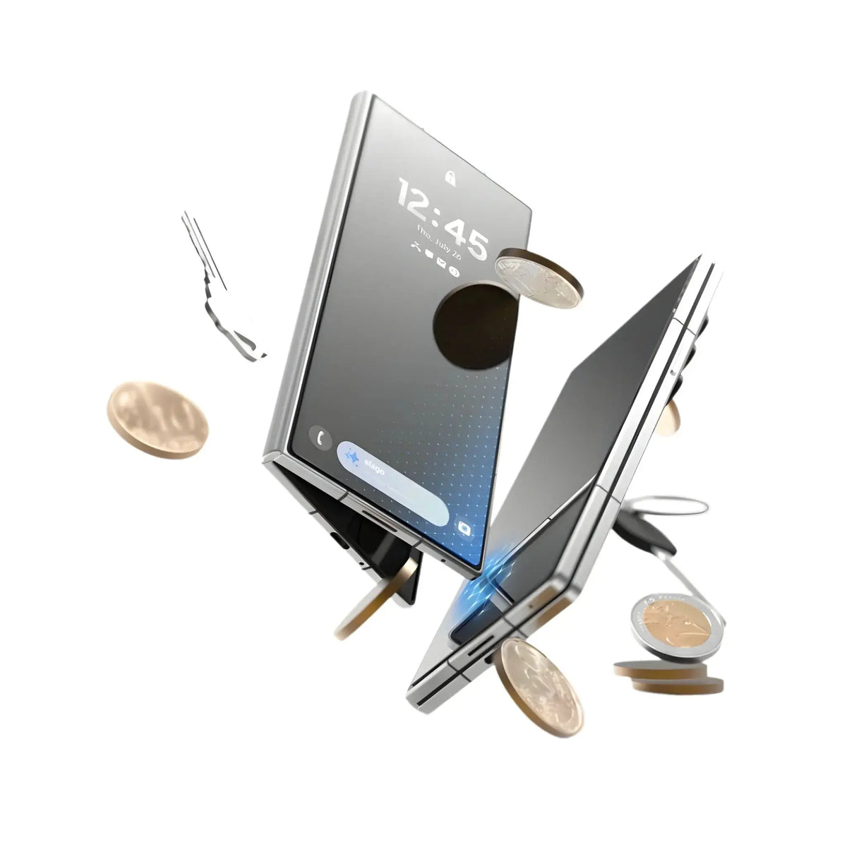 Modern foldable smartphone with digital clock screen surrounded by floating coins and key