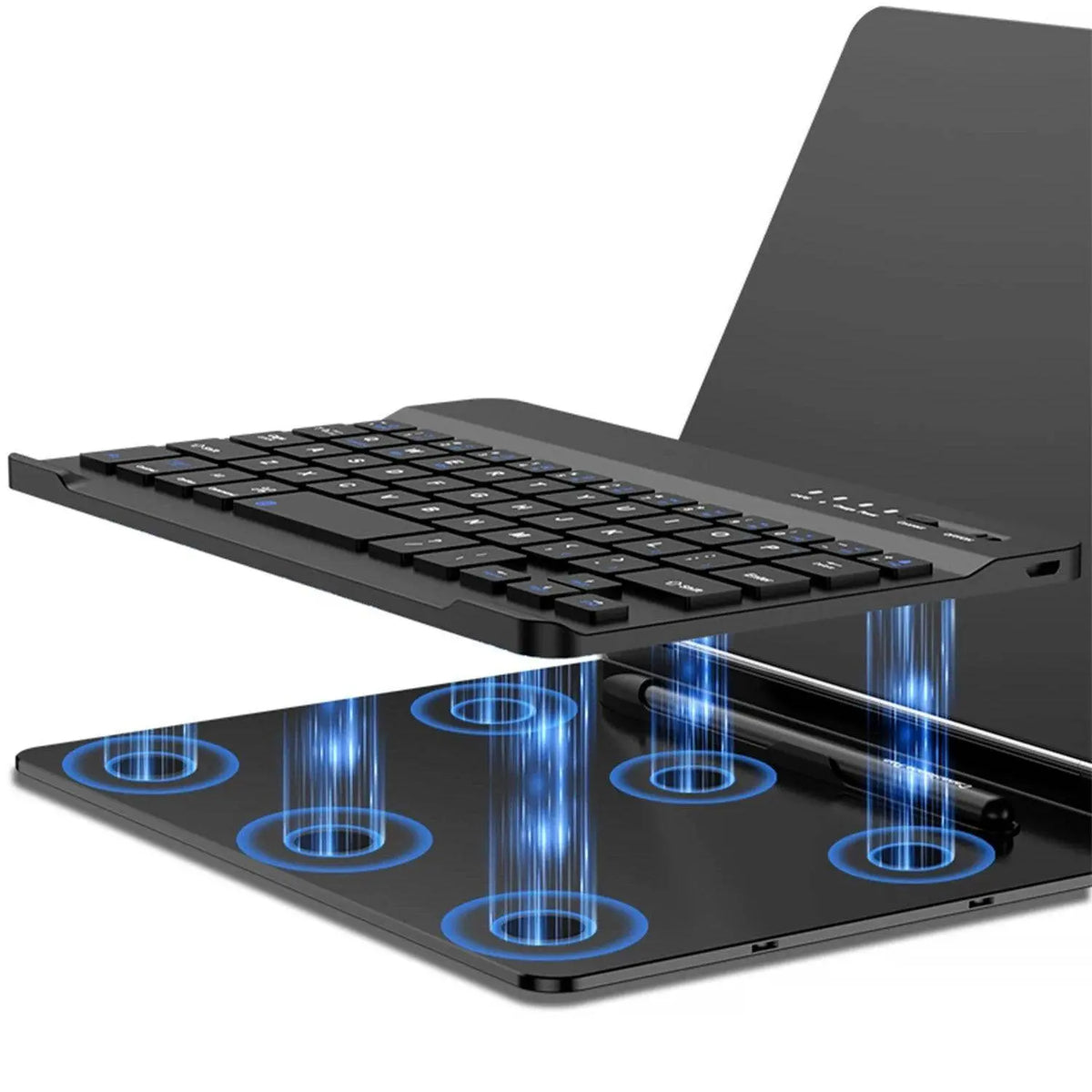 Black wireless Bluetooth keyboard with magnetic attachment and pen holder on a black sleek surface